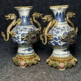  Cặp bình sứ đồng quai rồng khảm ngọc cổ sưu tầm BKMECN-9373 