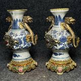  Cặp bình sứ đồng quai rồng khảm ngọc cổ sưu tầm BKMECN-9373 