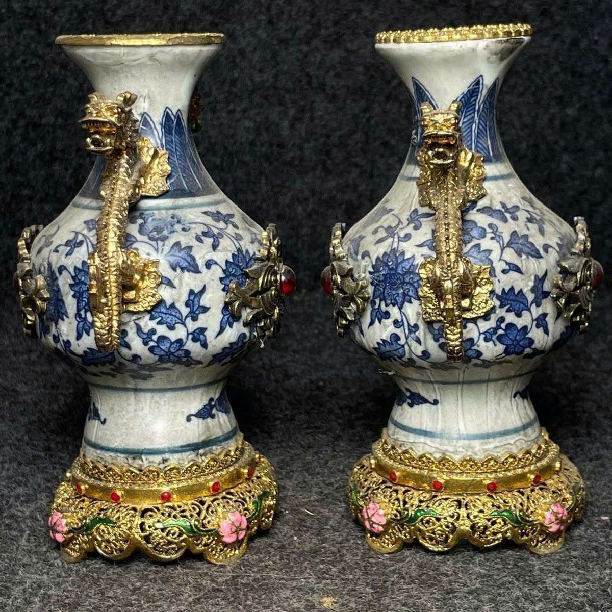  Cặp bình sứ đồng quai rồng khảm ngọc cổ sưu tầm BKMECN-9373 