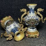  Cặp bình sứ đồng quai rồng khảm ngọc cổ sưu tầm BKMECN-9373 