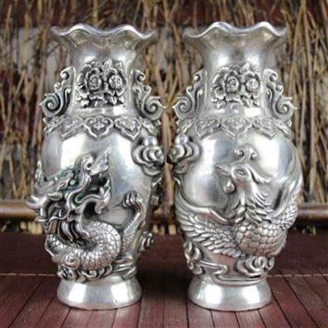  Cặp Bình Bạc cũ Rồng Phượng sưu tầm BKMECN-9380 