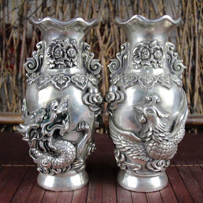  Cặp Bình Bạc cũ Rồng Phượng sưu tầm BKMECN-9380 