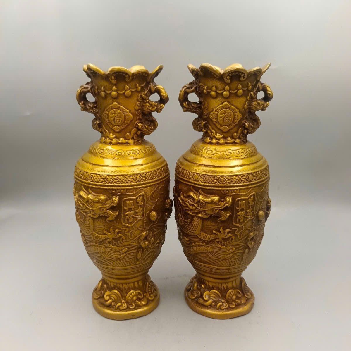  Cặp bình đồng vàng Song Long Hý Châu BKMECN-9427 