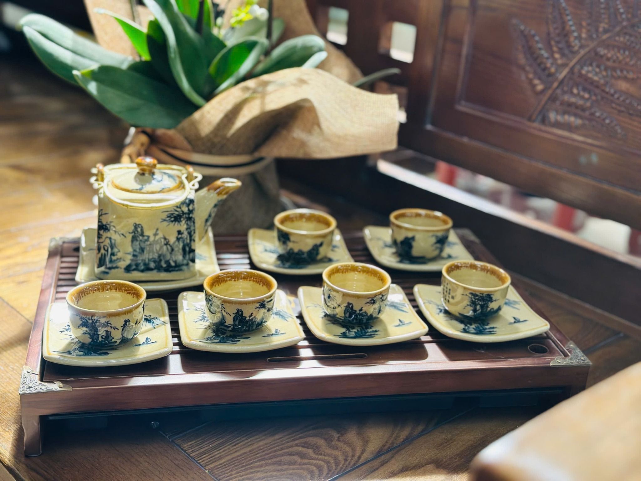  Bộ ấm chén men rạn Trúc Lâm Thất Hiền Bát Tràng BKCECN-9508 