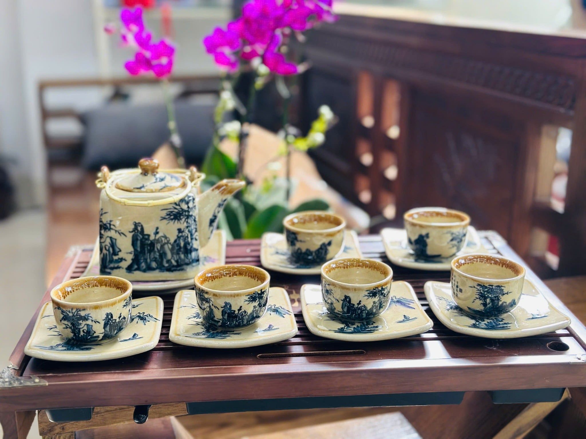  Bộ ấm chén men rạn Trúc Lâm Thất Hiền Bát Tràng BKCECN-9508 