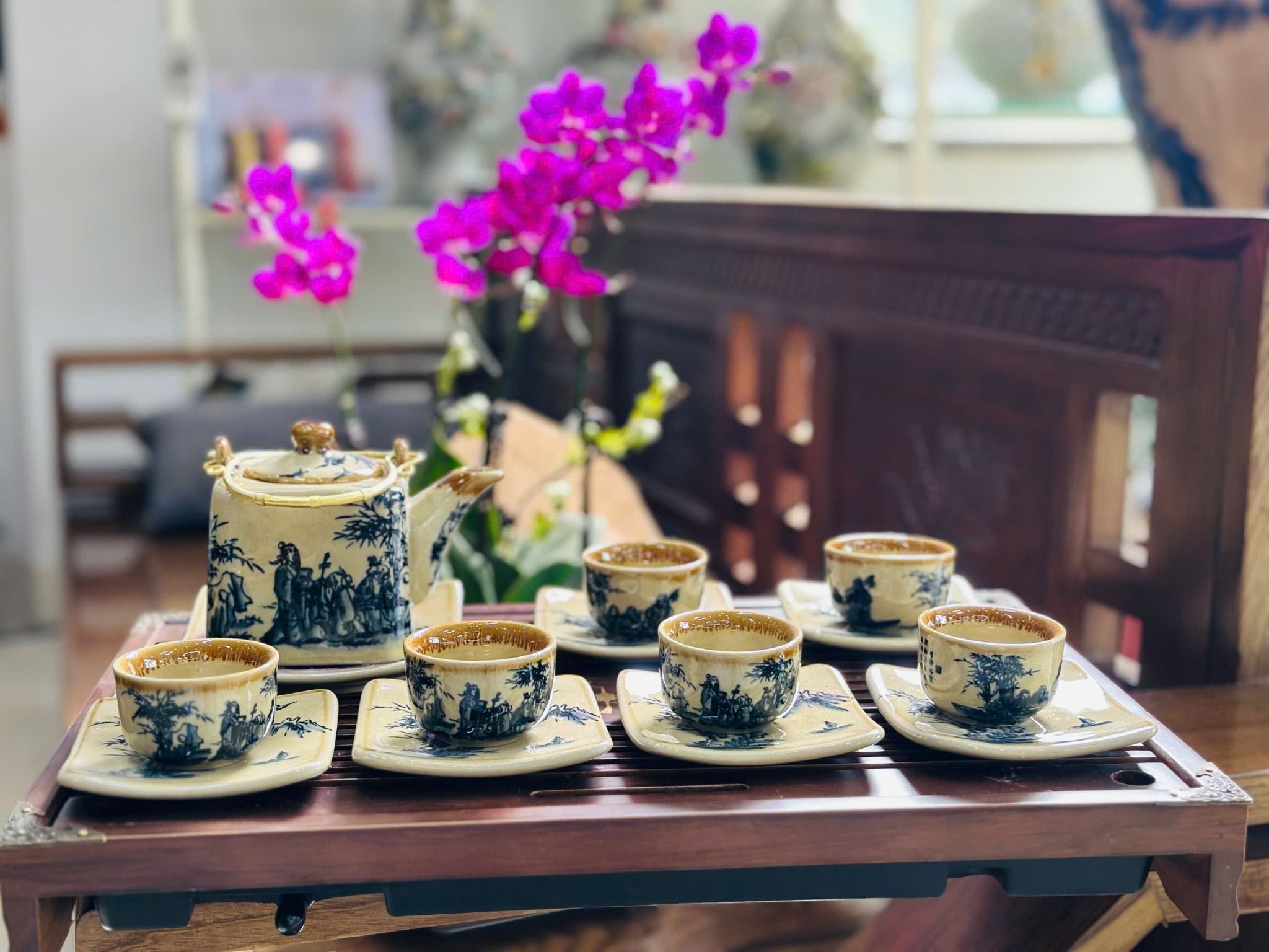  Bộ ấm chén men rạn Trúc Lâm Thất Hiền Bát Tràng BKCECN-9508 