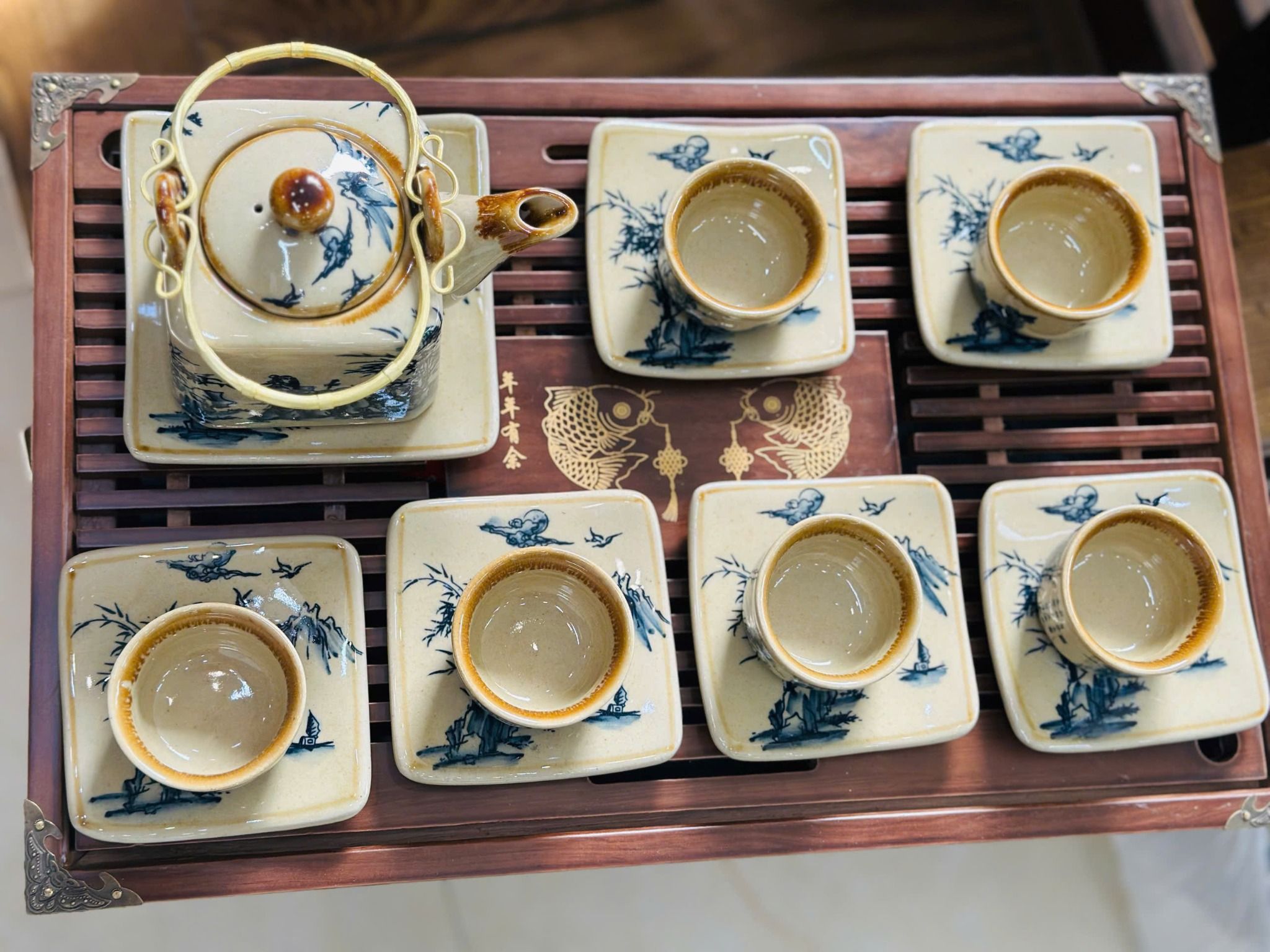  Bộ ấm chén men rạn Trúc Lâm Thất Hiền Bát Tràng BKCECN-9508 