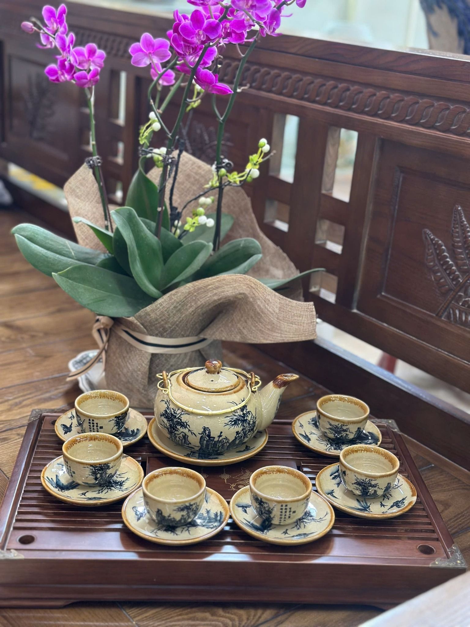  Bộ ấm chén phong cách cổ men rạn Bát Tràng quai đồng BKCECN-9509 