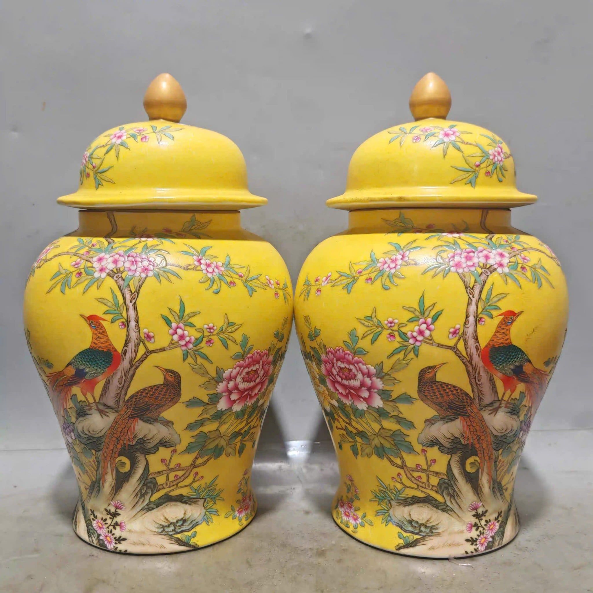  Cặp choe Chim Trĩ Hoa Đào đón Xuân men Vàng Hoàng Kim sưu tầm BKCECN-9596 