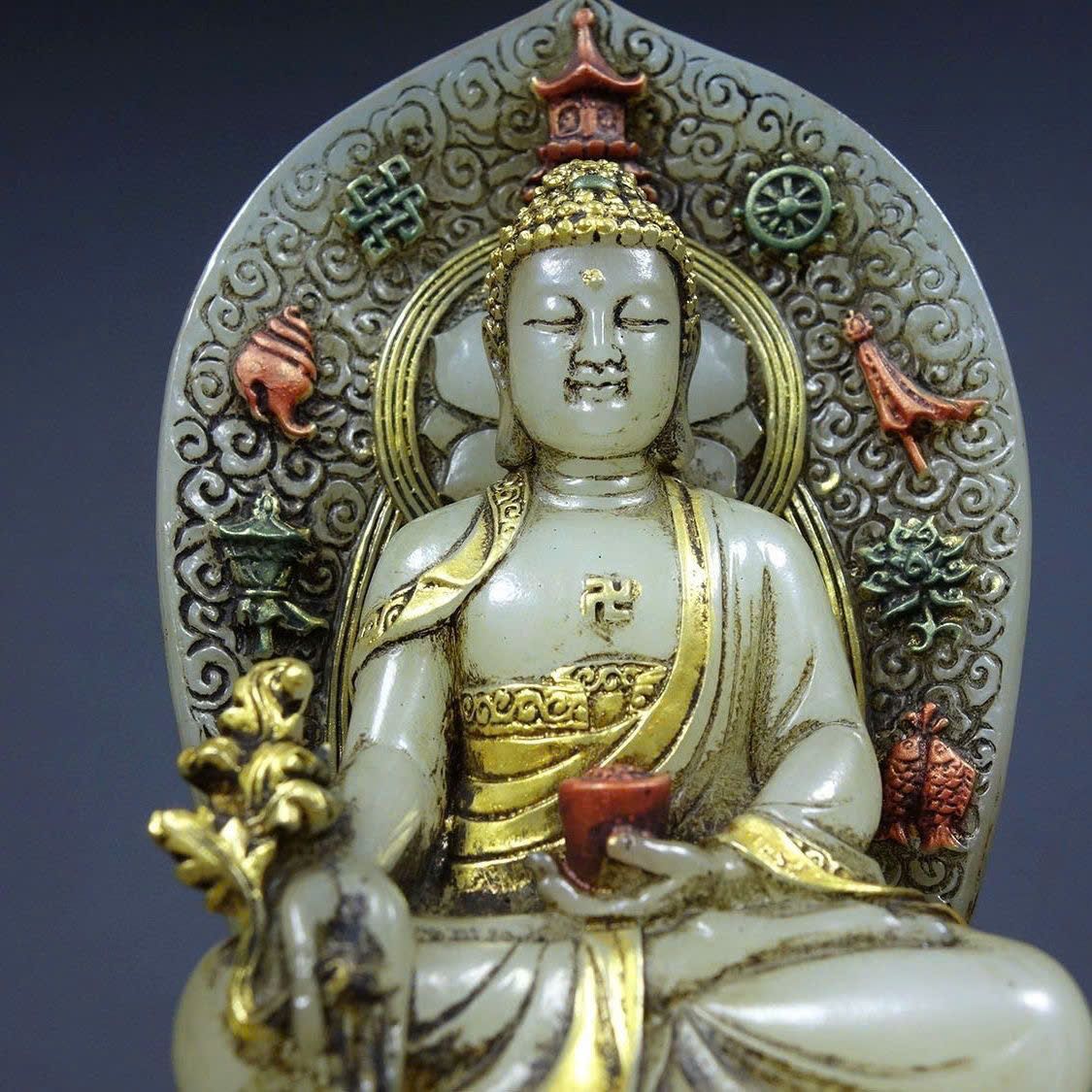  Tượng Phật A Di Đà tọa sen sau trạm khắc Bát Bửu BKSTCN-9502 