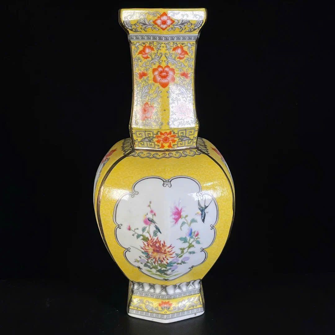  Bình men vàng bốn mặt mở cửa sổ bình hoa chim sưu tầm BKCECN-9657 