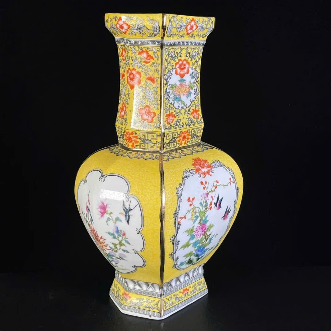  Bình men vàng bốn mặt mở cửa sổ bình hoa chim sưu tầm BKCECN-9657 