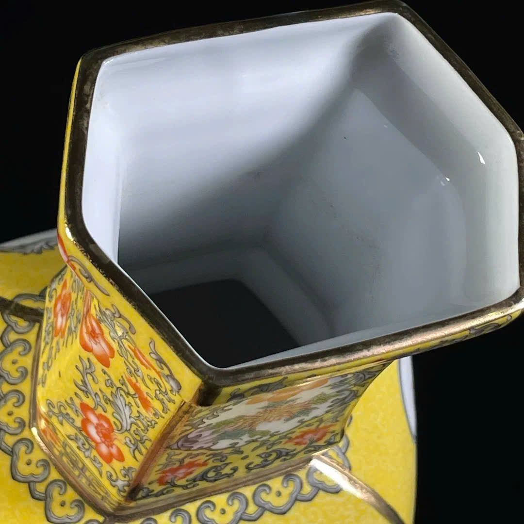  Bình men vàng bốn mặt mở cửa sổ bình hoa chim sưu tầm BKCECN-9657 