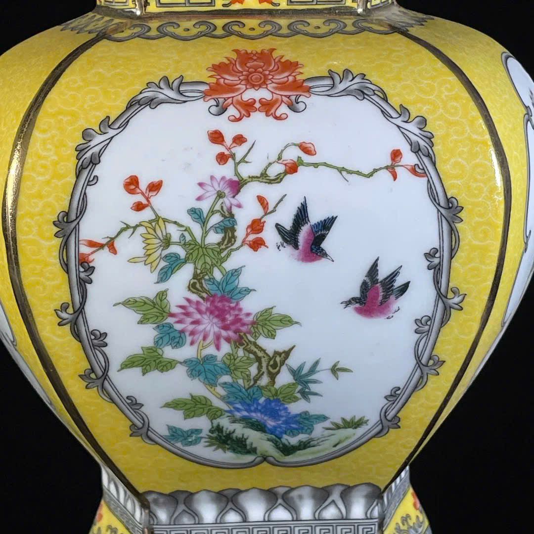  Bình men vàng bốn mặt mở cửa sổ bình hoa chim sưu tầm BKCECN-9657 