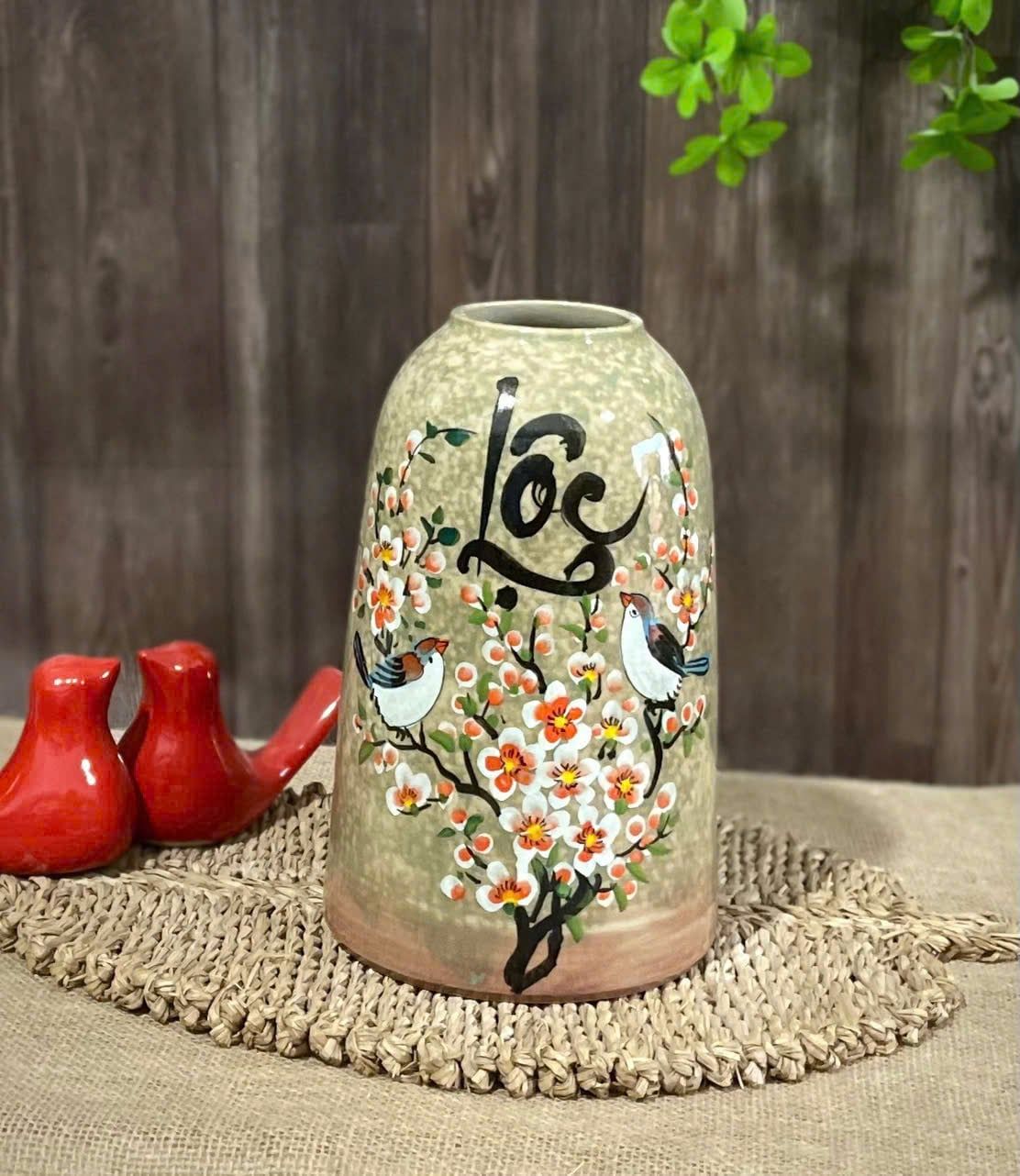  Lọ cắm hoa dáng chuông Bát Tràng họa tiết hoa đào trắng BKCECN-10173 