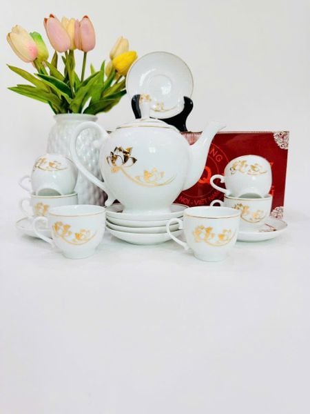  Bộ ấm chén sứ trắng Bát Tràng hoa sen vàng kim BKCECN-10110 