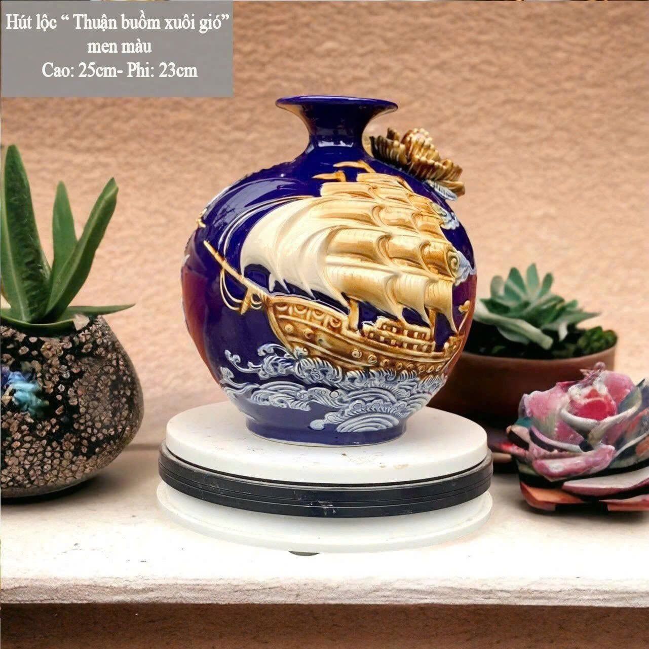  Bình Hút Lộc “Thuận Buồm Xuôi Gió” đắp nổi hoa men màu Bát Tràng  BKCECN-10154 