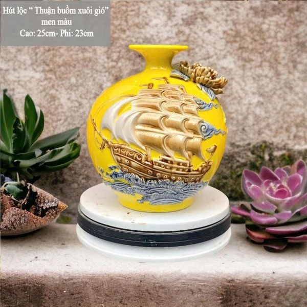  Bình Hút Lộc “Thuận Buồm Xuôi Gió” đắp nổi hoa men màu Bát Tràng  BKCECN-10154 
