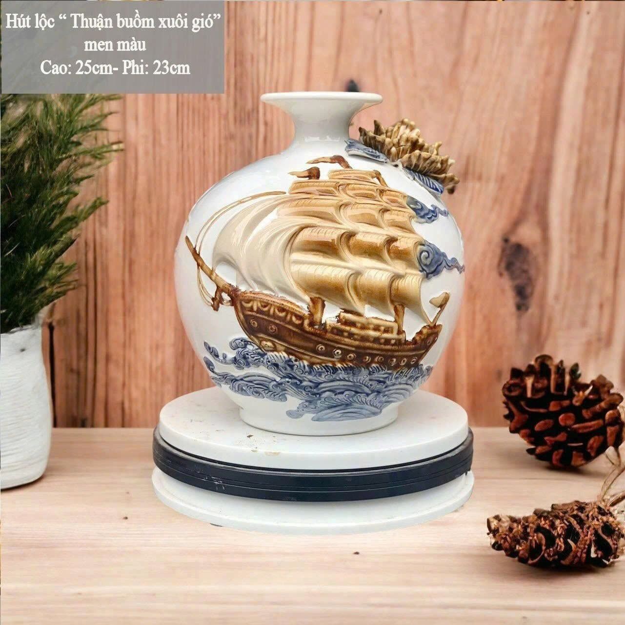  Bình Hút Lộc “Thuận Buồm Xuôi Gió” đắp nổi hoa men màu Bát Tràng  BKCECN-10154 