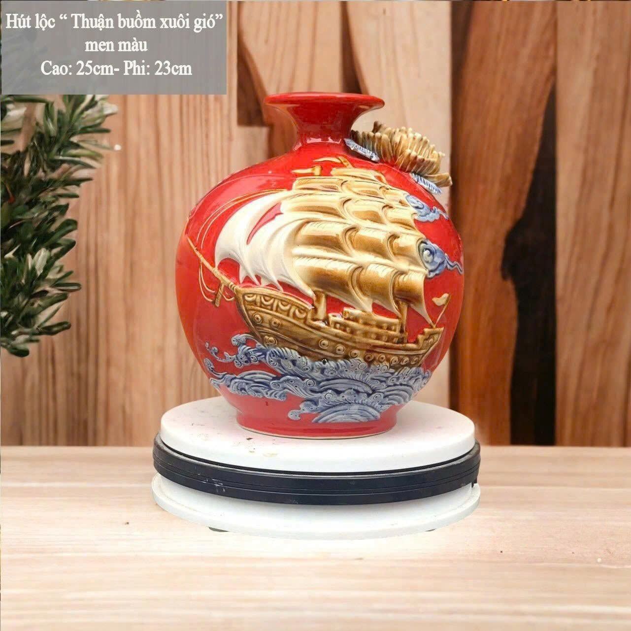  Bình Hút Lộc “Thuận Buồm Xuôi Gió” đắp nổi hoa men màu Bát Tràng  BKCECN-10154 