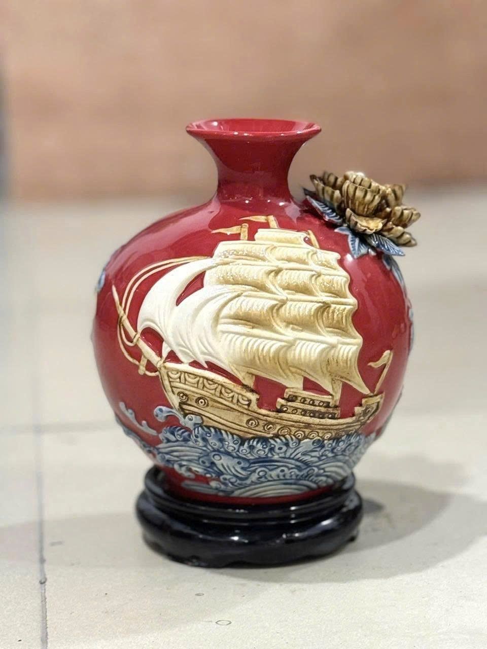  Bình Hút Lộc “Thuận Buồm Xuôi Gió” đắp nổi hoa men màu Bát Tràng BKCECN-10154 