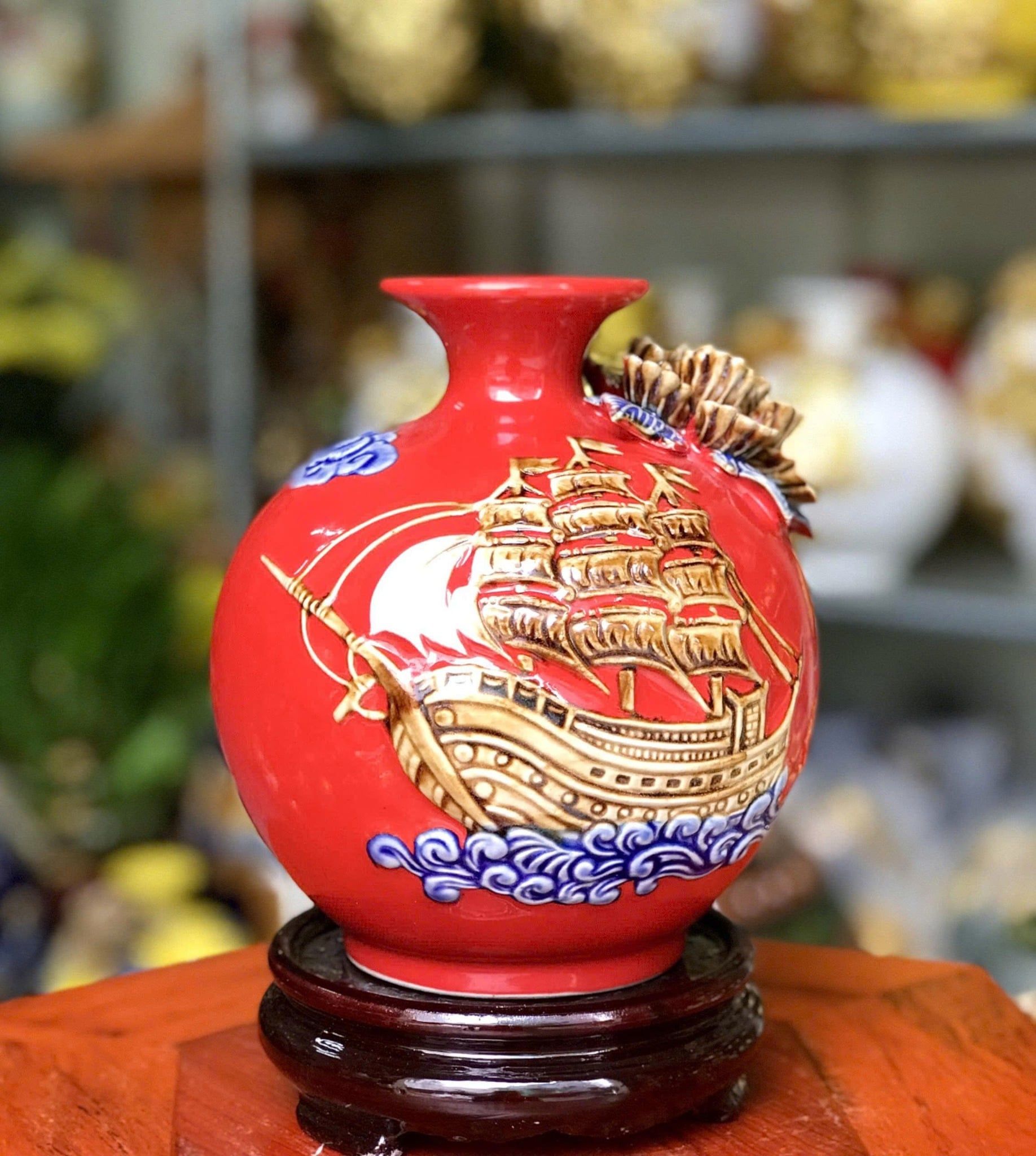  Bình Hút Lộc “Thuận Buồm Xuôi Gió” đắp nổi hoa men màu Bát Tràng  BKCECN-10153 