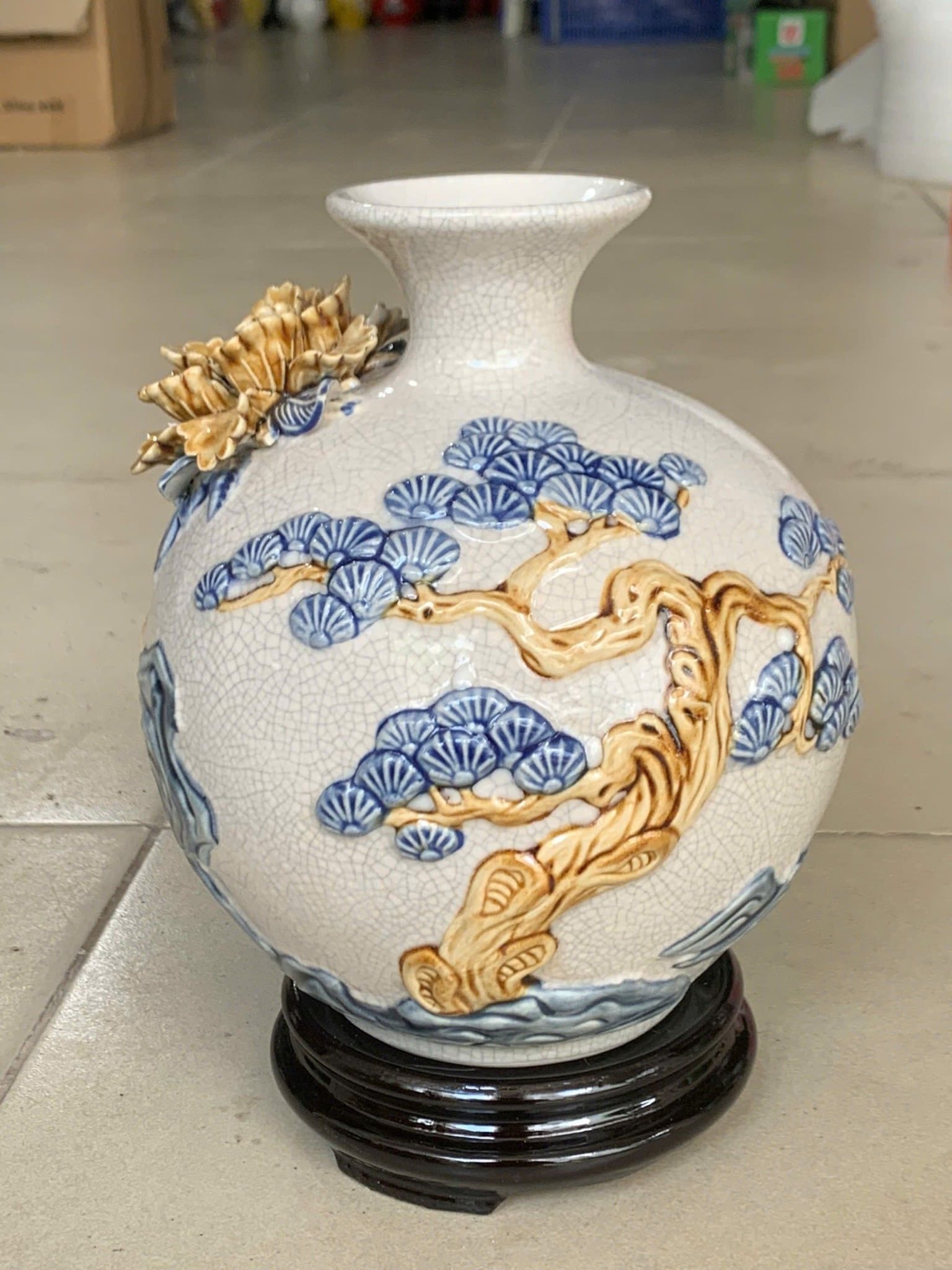  Bình Hút Lộc “Thuận Buồm Xuôi Gió” đắp nổi hoa men rạn Bát Tràng  BKCECN-10152 