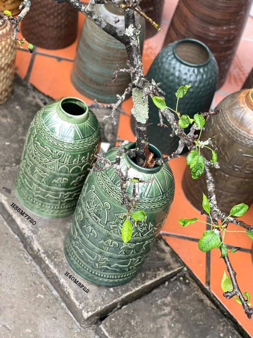  Chuông cắm hoa đào dáng chuông thon họa tiết trống đồng BKCECN-10149 