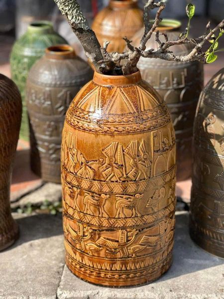  Chuông cắm hoa đào dáng chuông thon họa tiết trống đồng BKCECN-10148 