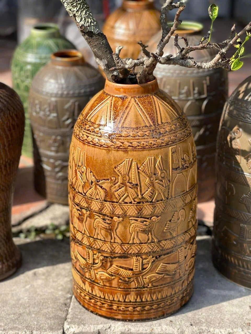  Chuông cắm hoa đào dáng chuông thon họa tiết trống đồng BKCECN-10148 