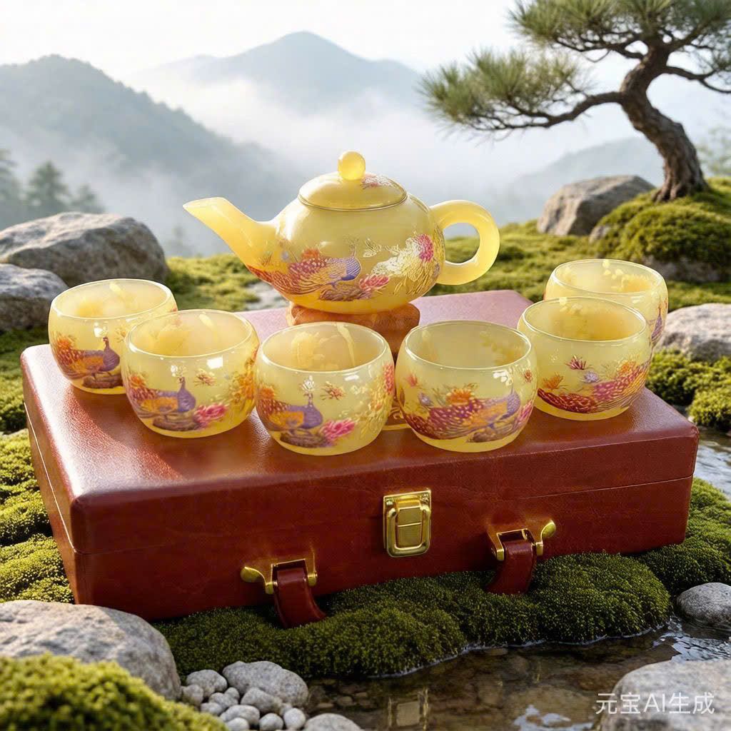  Bộ Ấm Chén Ngọc Chim Công Vàng BKCECN-10201 