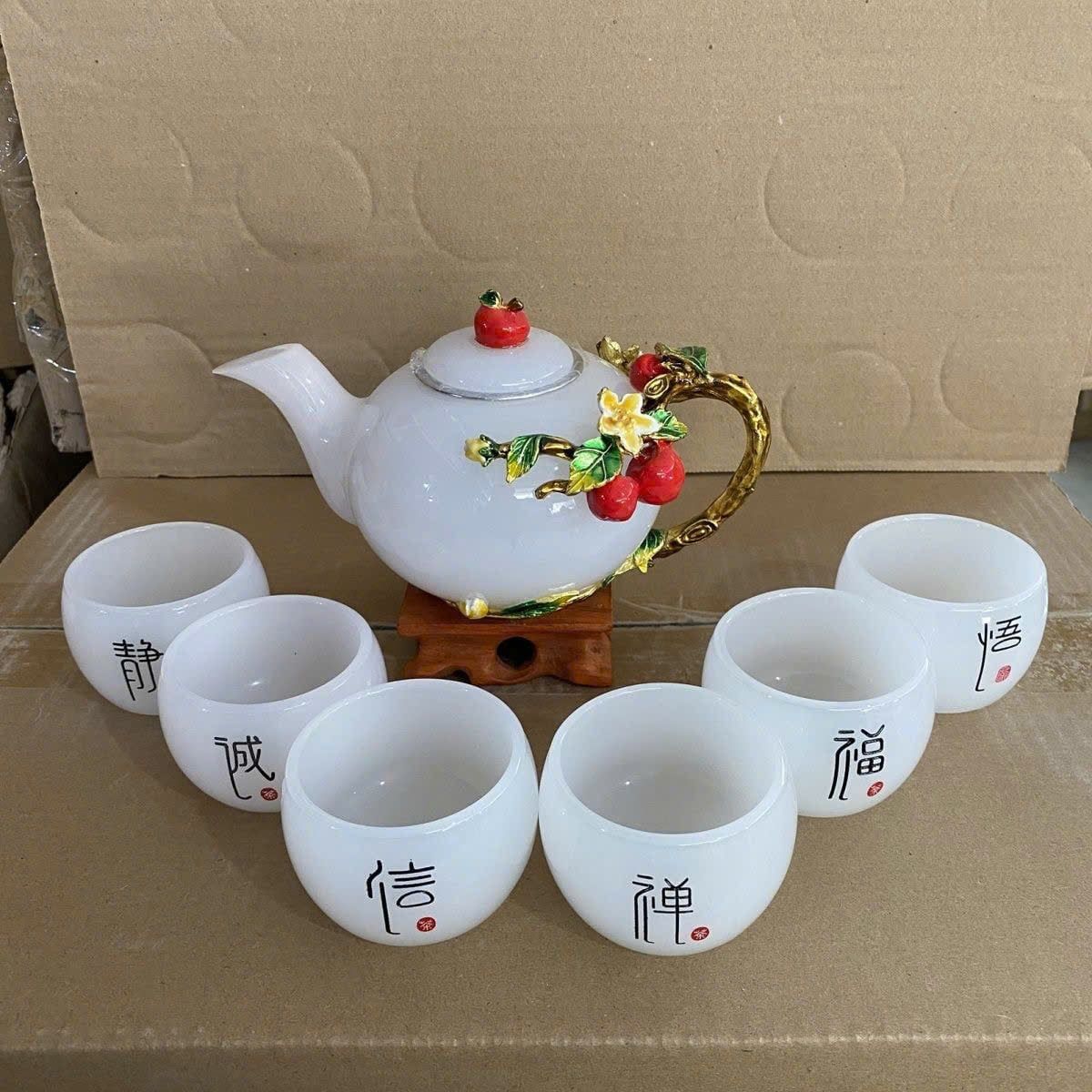  Bộ ấm chén ngọc trắng hoa đắp nổi BKCECN-10208 