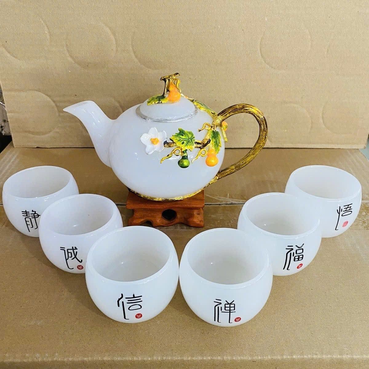  Bộ ấm chén ngọc trắng hoa đắp nổi cao cấp BKCECN-10209 