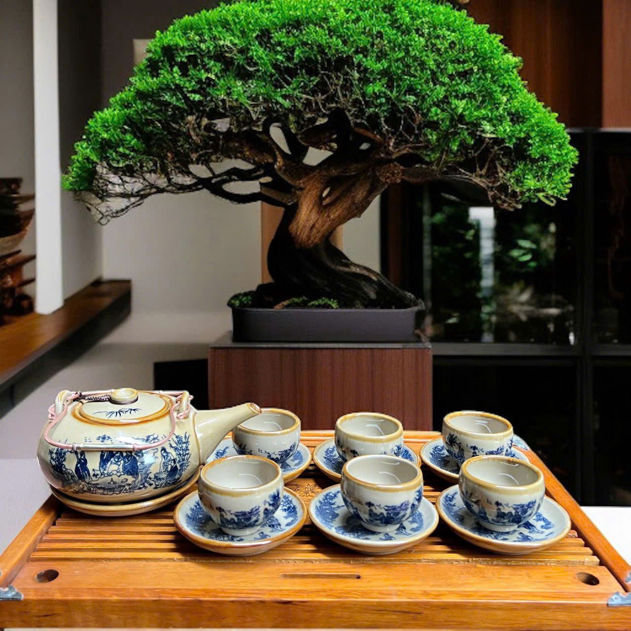  Bộ ấm chén Trúc Lâm Thất Hiền men cổ Bát Tràng BKCECN-10198 