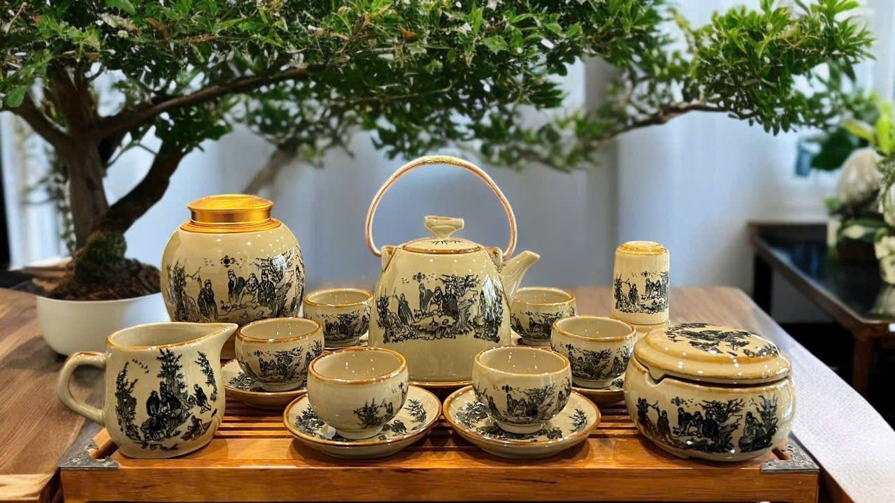 Bộ ấm chén Trúc Lâm Thất Hiền men cổ Bát Tràng BKCECN-10198 