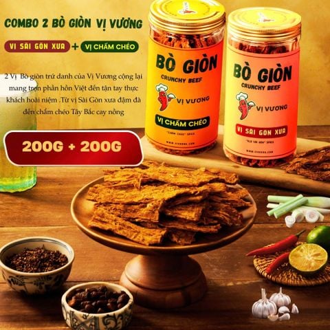  Combo 2 Bò Giòn (1 vị Chẩm Chéo 200g + 1 vị Sài Gòn Xưa 200g) - Khô bò miếng cao cấp - Thơm ngon, không chất bảo quản 