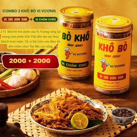  Combo 2 Bò Khô (1 vị Chẩm Chéo 200g + 1 vị Sài Gòn Xưa 200g ) - Khô bò miếng cao cấp - không chất bảo quản 
