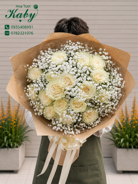 Bó Hoa 18 bông hồng trắng nhập khẩu Rose White Wasabi