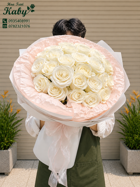 Bó Hoa Hồng Trắng Sương Mai Dịu Êm