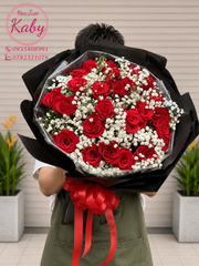 BÓ HOA 25 BÔNG HỒNG ĐỎ TRÒN MIX BABY
