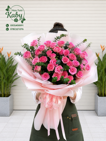 BÓ HOA HỒNG DÂU MIX LÁ BẠC