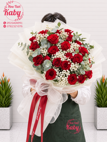 BÓ HOA 22 BÔNG HỒNG ĐỎ TRUYỀN KỲ MIX BABY
