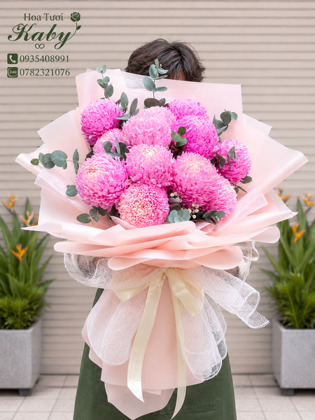 BÓ HOA 12 CÚC MẪU ĐƠN HỒNG ĐẬM