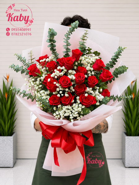 BÓ HOA 20 BÔNG HỒNG ĐỎ MIX BABY