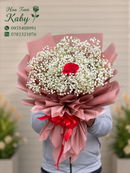 Bó Hoa Baby Trắng Mix 1 Hoa Hồng Đỏ