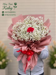 Bó Hoa Baby Trắng Mix 1 Hoa Hồng Đỏ