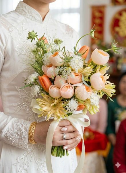 Bó Hoa Cầm Tay Cô Dâu Hồng Cam Ngọt Ngào