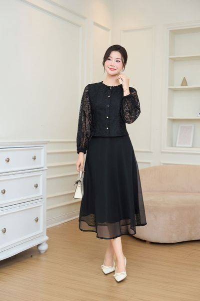  Áo blouse nữ phối ren dài tay cổ tròn dáng ôm 