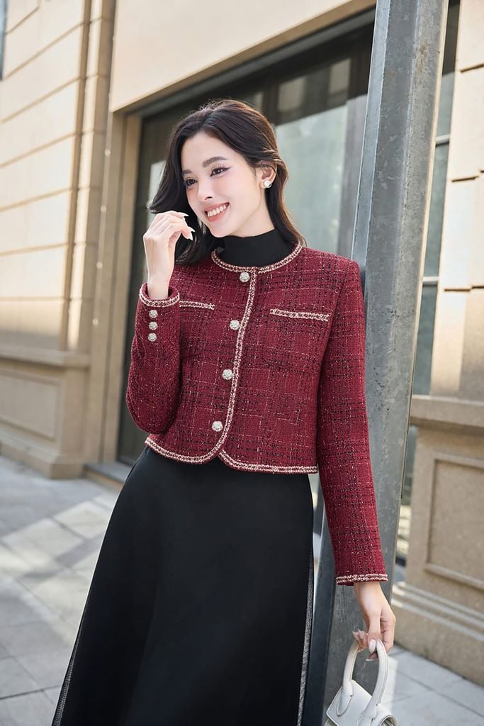  Áo khoác dạ tweed dáng ngắn phối viền gấu có túi ốp 