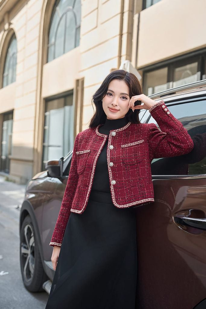  Áo khoác dạ tweed dáng ngắn phối viền gấu có túi ốp 